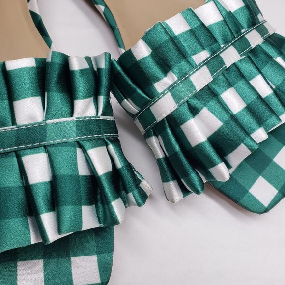 Ann Taylor Gingham Check Pleated Ruffle Slides 7.5 Green Sandals Satin - Picture 2 of 5